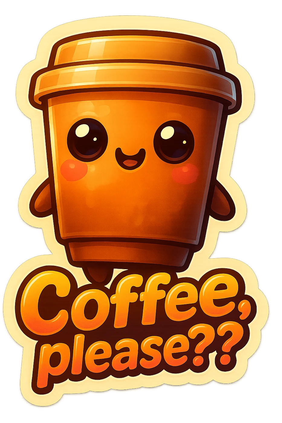 Tall coffee cup, big begging eye, big "coffee, please?? emoji