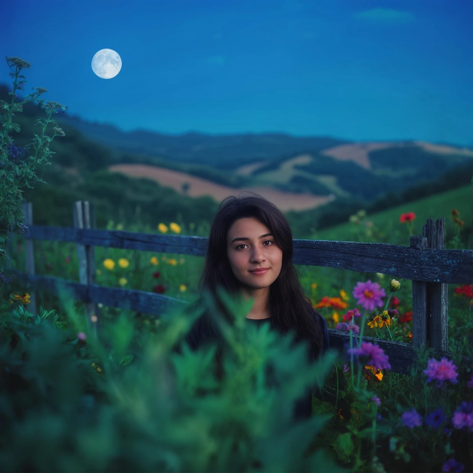 A portrait of a white person in the foreground, blurred plants in the foreground, a wooden fence and colorfull flowers in the midground, rolling hills in the background, cinematic depth of field, layered composition, moon back light (Blue night) emoji