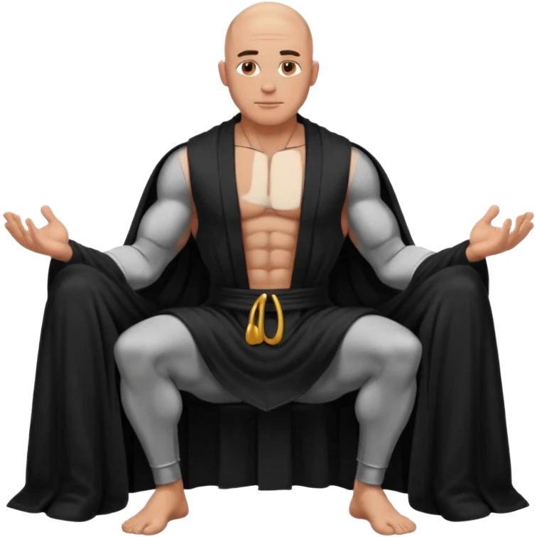 fullbody jacked bald guy, sleeveless and unbuttoned in black robe sitting emoji