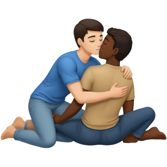 1White adult male dark hair and dark skin adult male, spooning naked on the ground, kissing, touching, cuddling, tongue, love, rear view,  emoji