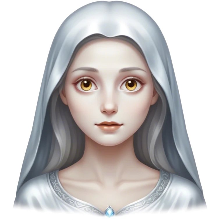 Cinematic, Ultra realistic 32k HD, hauntingly beautiful woman, Balanced features, highly detailed, glowing with silver light, high shine, remembrance, a painting of white silver, fanciful, enchanting, ghostly. The image is so lifelike it feels as though it could leap off the canvas at any moment emoji
