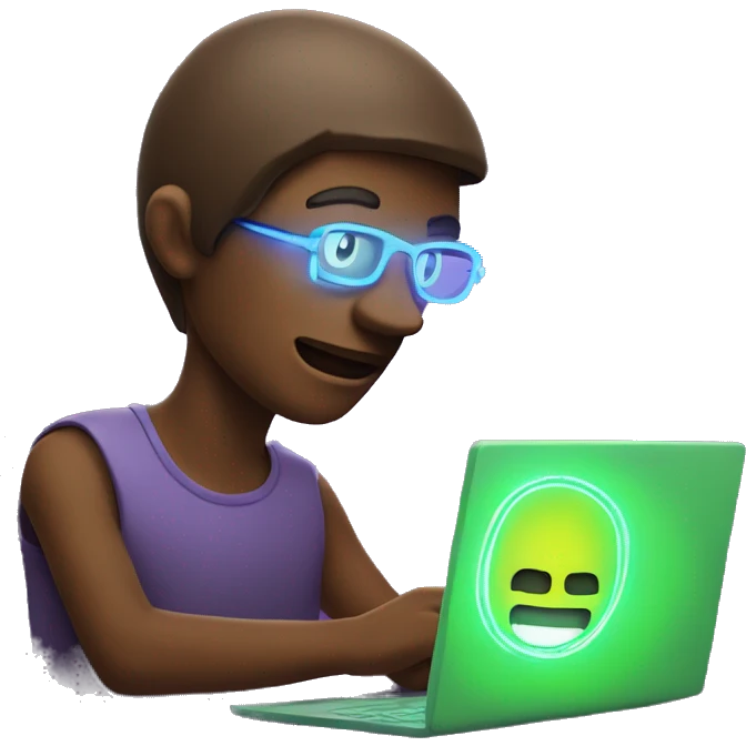 A person looking at a computer with neon-like fluorescent light shining on their face. emoji