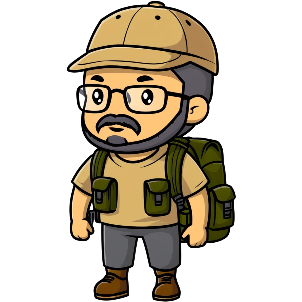 adventurer with goatee beard (no beard on cheeks), short hair, glasses, backwards military tan cap and backpack emoji