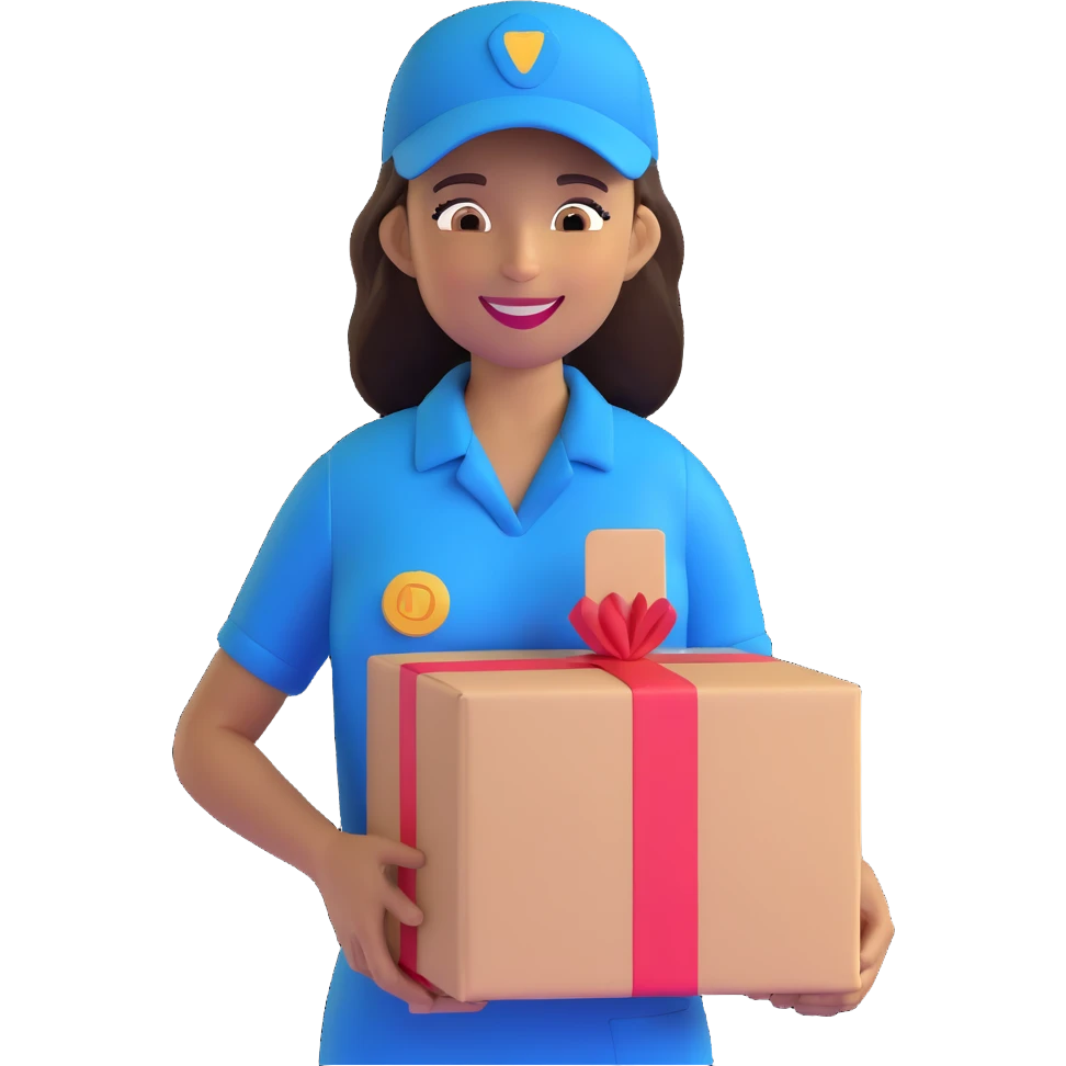 mujer de piel morena entregando un paquete, sonriente, uniforme de repartidora emoji