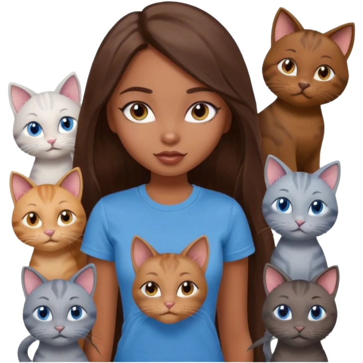 a pretty bratz dusky girl with long brown hair, blue eyes with six cats nd wearing a grey tshirt emoji
