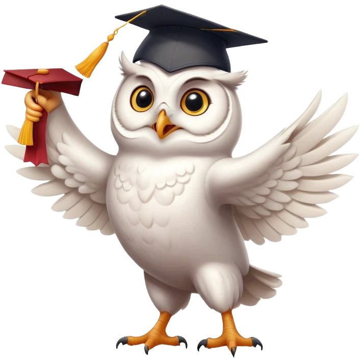happy white Owl dancing with graduation hat and diploma in claws emoji