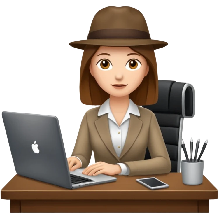 Mach mir einen Trader der in einem Schreibtischstuhl sitzt mit einem Laptop. vor sich am tisch. Aber er soll alleine sein. Mach ihn mit anzug und braunen haaren emoji