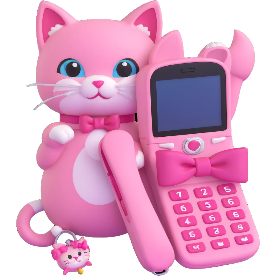 A pink flip phone with a pink bow, a pink background with stars, and a pink charm with a cat emoji