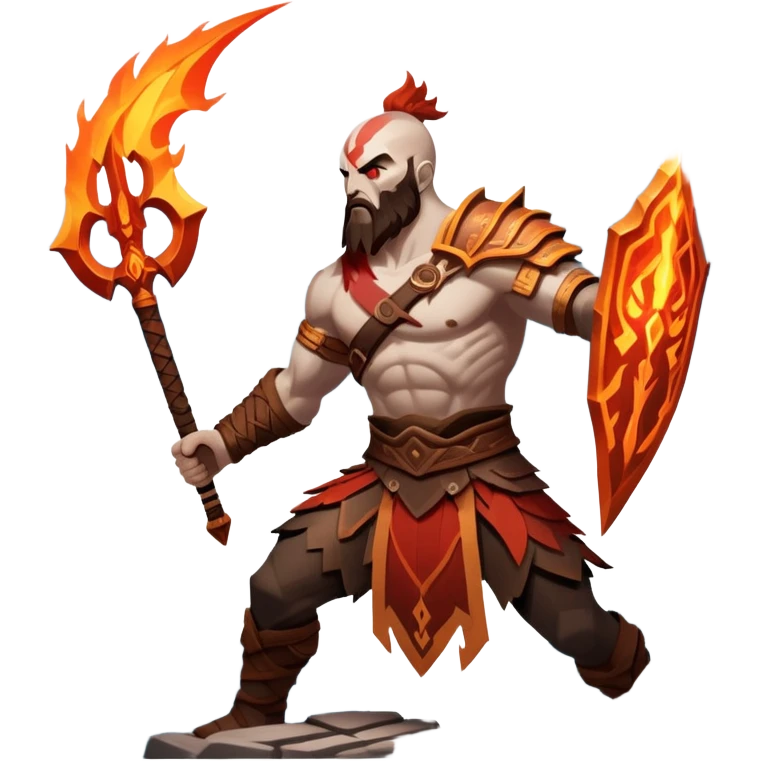 An icon showing a powerful warrior wielding a weapon, inspired by God of War: Ragnarok. The design captures the character’s strength, with dynamic motion lines. A fiery, mythological background with mountains and ruins enhances the epic atmosphere. Transparent background. emoji