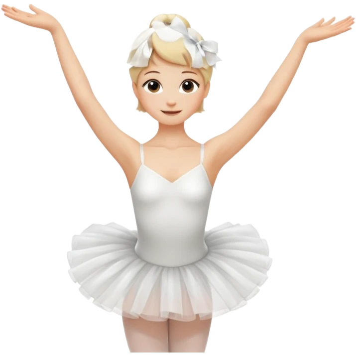 blonde, short-haired ballerina in a white tutu dress, experienced with a sly look, arms gracefully raised up emoji
