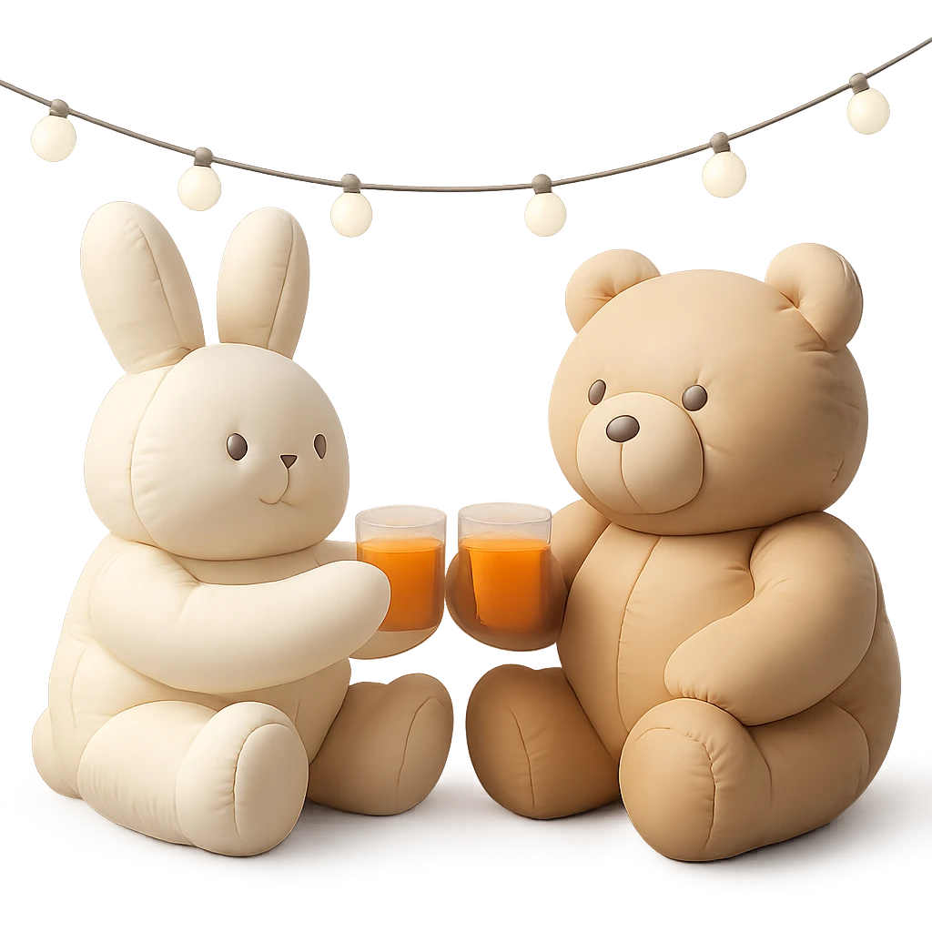 full-body bunny and bear clinking juice cups under string lights, cushion style emoji