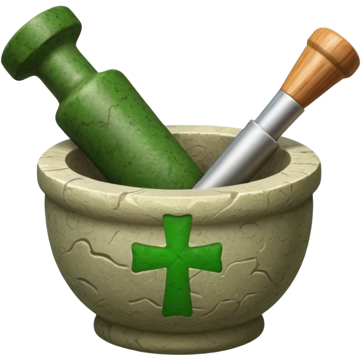 mortar with pestle, with green cross on mortar emoji