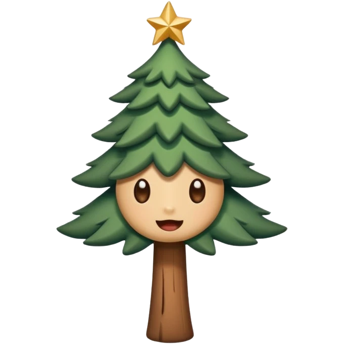 Un emoji représentant un petit sapin stylisé, sans bouche, avec deux grands yeux de biche brillants couleur cannelle. Style minimaliste, mignon et expressif, comme un sticker ou un emoji moderne. Fond parfaitement transparent, haute qualité, bien centré. emoji