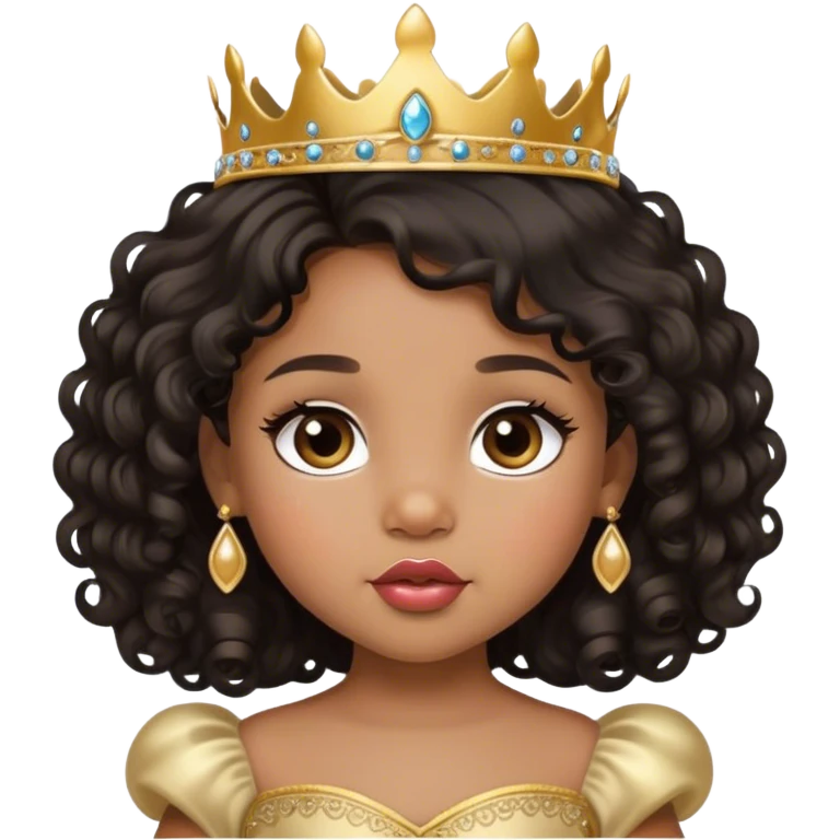 princess, medium brown skin tone, very adorable toddler, with big plump lips, long long lashes, black curly long hair, brown eyes, gold tiara emoji