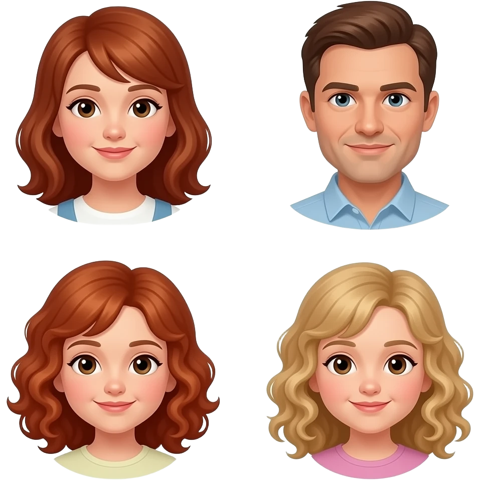 White Mom red-brown hair and brown eyes , brown hair Dad,  blonde curly hair 8 year old girl with brown eyes,  a white Red curly hair 12 year old Girl, and blonde curly hair 5 year 5 old girl emoji