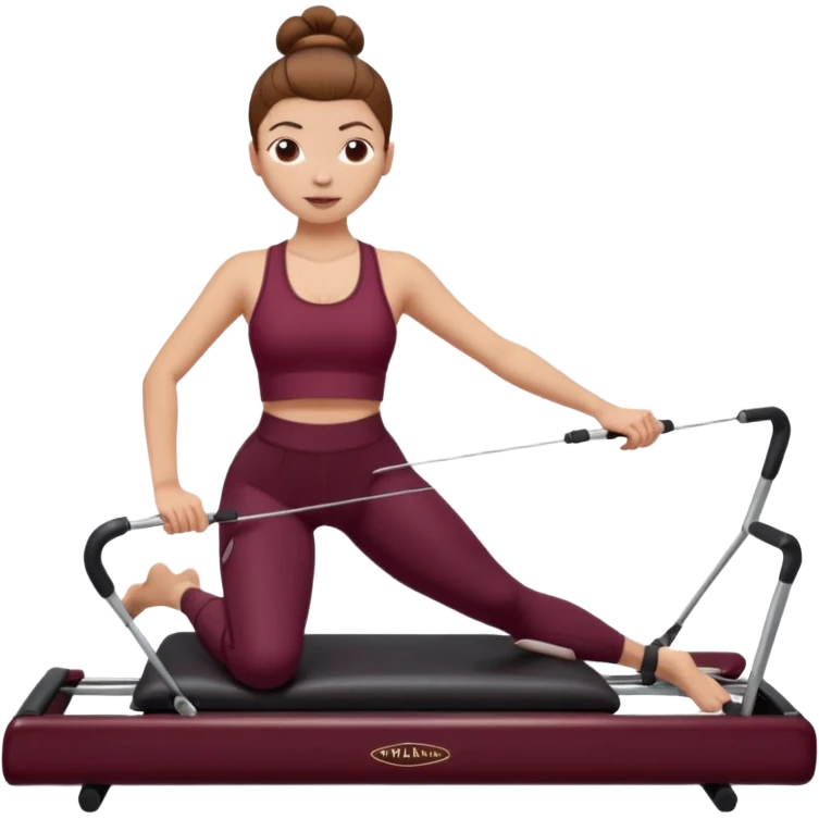 Girl with light skin tone - brown hair in a bun - and pilates outfit burgundy on a pilates reformer machine emoji