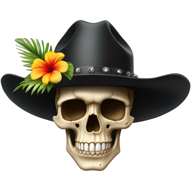 Realistic side view of a skull in a black cowboy hat on decorated with tropical flowers. emoji