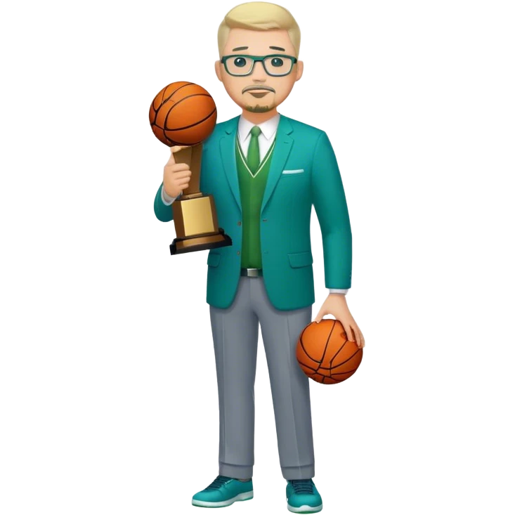 Full Body white male plus size body type  wearing glasses with a goatee with light blonde gray very short hair basketball head Coach in blue and green suit holding trophy emoji