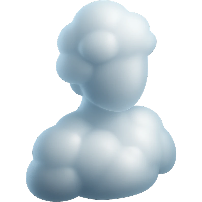 shoulder-up person fully made of white fluffy convex clouds, matte glass style, volumetric and soft clouds, airy and light appearance, clouds with slight transparency, no background emoji