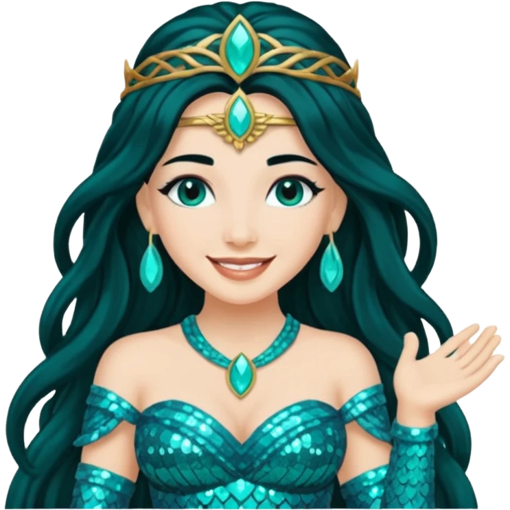 Salacia, Goddess of Hearth from Gods and Goddesses with long black hair, teal sequin outfit emoji
