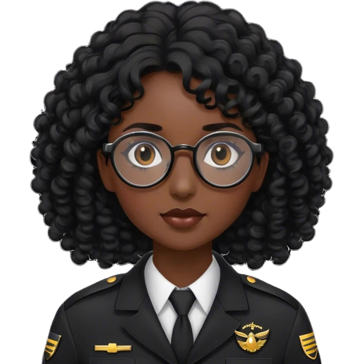femme pilote d'avion en uniforme noir aux cheveux bouclés noir et petites lunettes arrondis identique avec des cheveux plus long  emoji