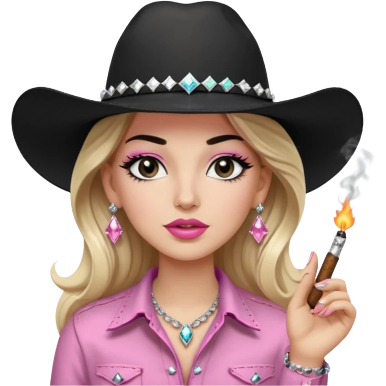 White girl, extra thick and long black eyelashes, black cowboy hate with hat band sparkling, long light brown straight hair, pink and black western shirt, smoking a joint,  big white diamond stud earrings, diva vibes emoji