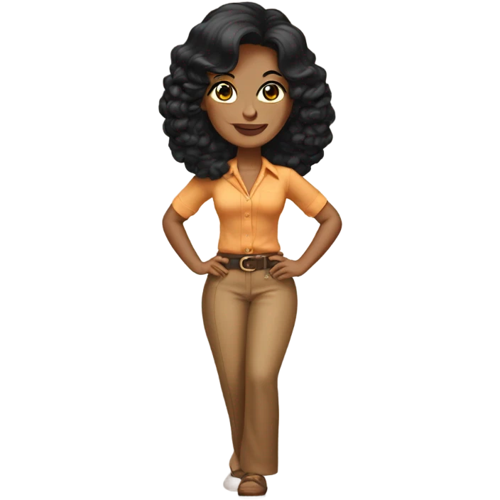 Tanned woman with black hair wearing 1970s style outfit and hair emoji