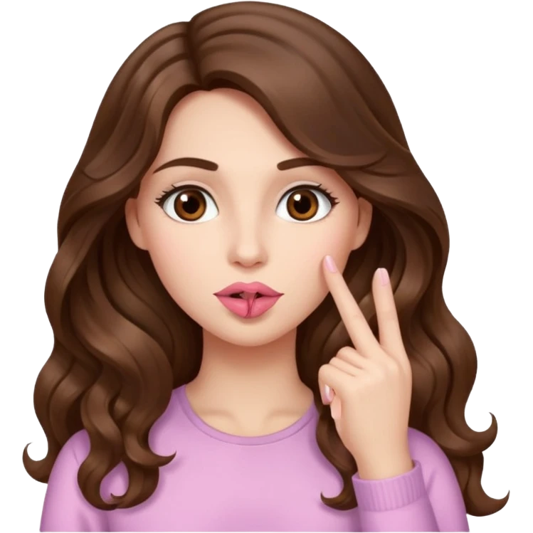 I want her hair to be long, wavy, brown, and fair-skinned, and for her to put her finger on her lips. emoji
