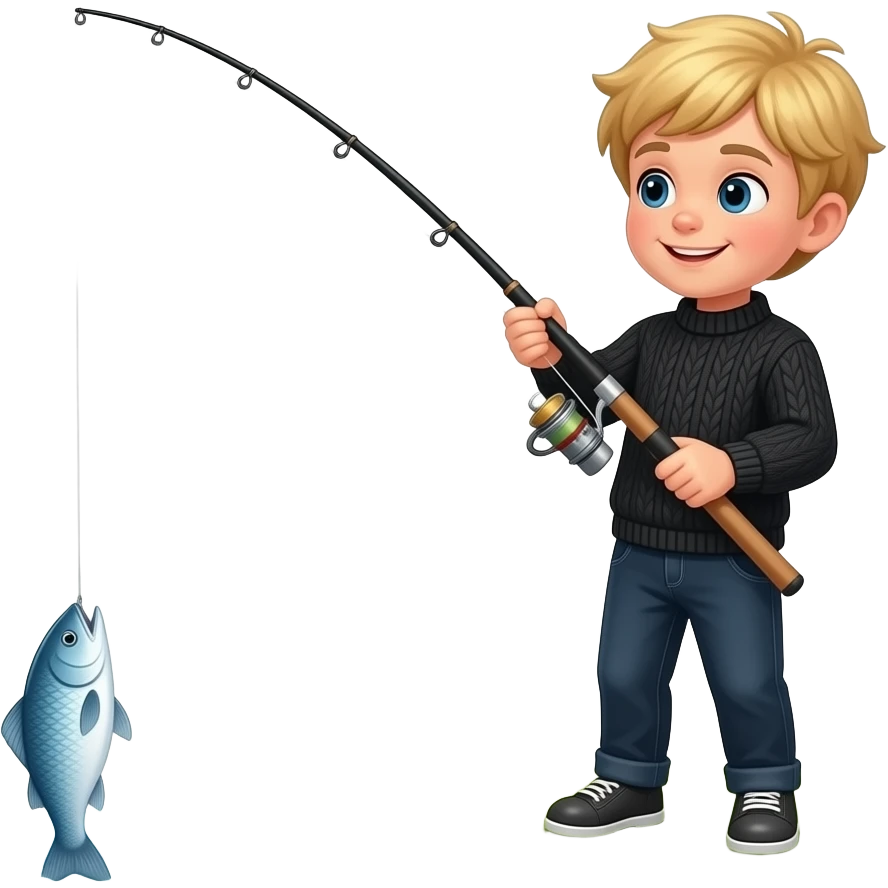 a small blonde kid with black sweater and pants and a massive fishing rod reeling in a fish from the shoreline emoji