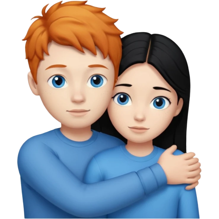 Ginger boy without facial hair hugging girl with black hair. Both have blue eyes.  emoji