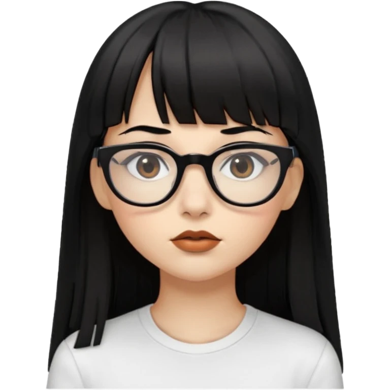 uma mulher snapchat icon, cor da pele normal, cabelo preto liso grande, solto grande com franja vegana, franja inteira curta, óculos pretos, com piercing na boca e nariz, olhos castanhos, camisa branca, a tela de fundo branca, coloque um brinco na boca e no nariz emoji