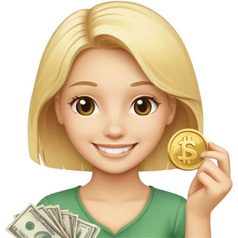 smiling blonde girl with money coins emoji