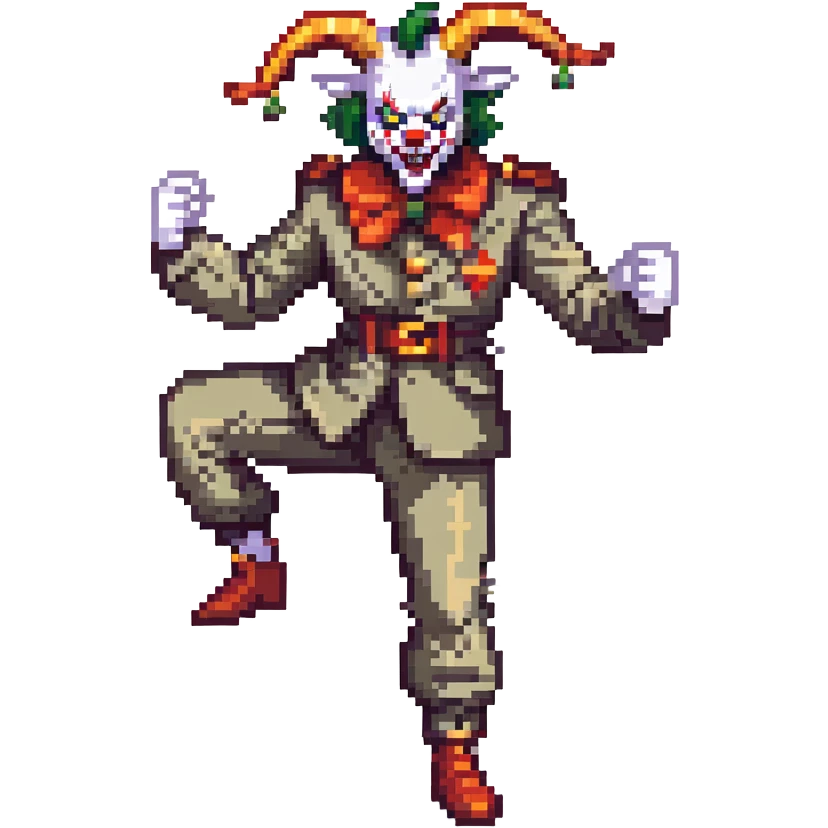 evil clown soldier with billy goat horns, fangs, pointed ears, leisure suit, fighting stance emoji
