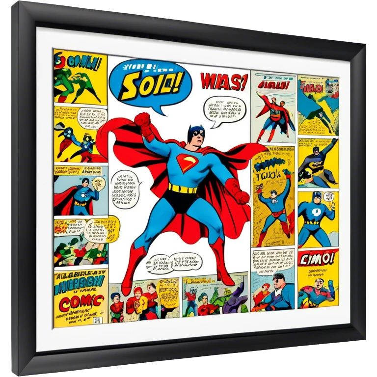 Icon for Vintage American Comics: an open comic magazine with classic 1940s-1950s American comic art, featuring superheroes in bold, bright colors, with action panels and exaggerated speech bubbles. The icon should represent the nostalgic style of vintage comics. Transparent background. emoji