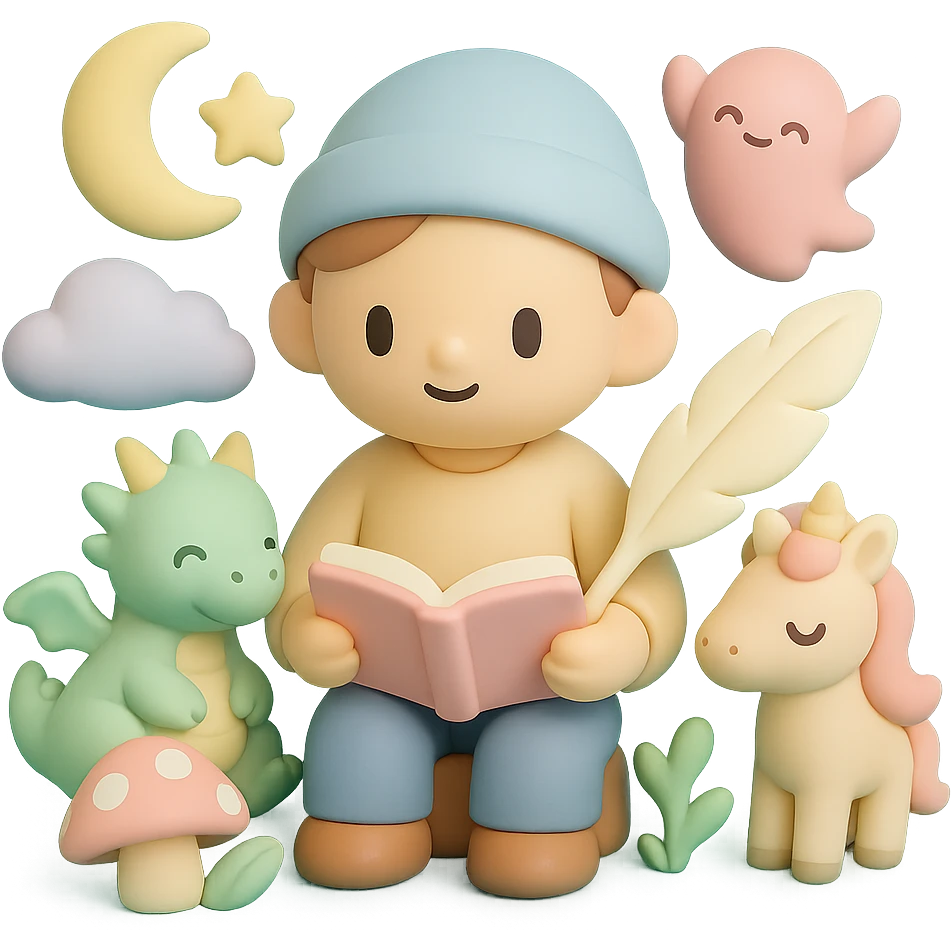 beginner author, surrounded by fantasy creatures and elements, looking imaginative emoji