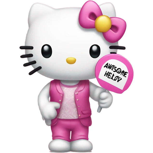 hello kitty holding a sign that says awesome emoji