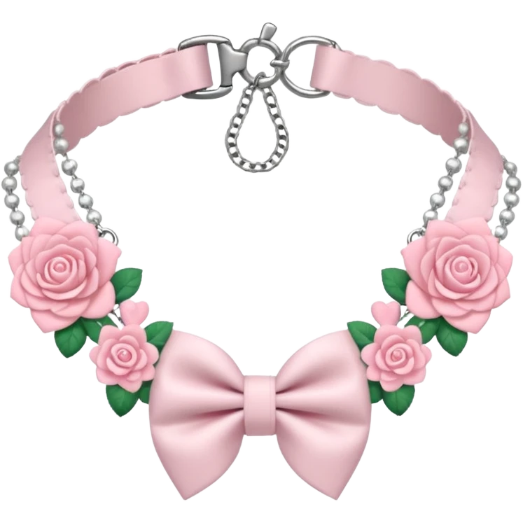 Pastel-baby-rose-pink Lolita-styled aesthetic cute kawaii choker-collar-necklace adorned with with white frills, roses, hearts, bow tie, silver chains, sakura, apparel separated  emoji