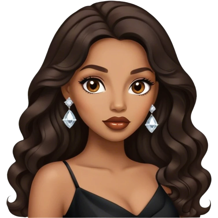 light brown skin tone, very beautiful woman, with big plump lips, long long lashes, black wavy long hair, brown eyes, black dress, diamond earrings emoji