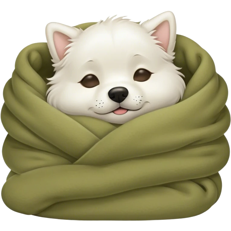 Cute white dog sleeping in a olive color blanket emoji