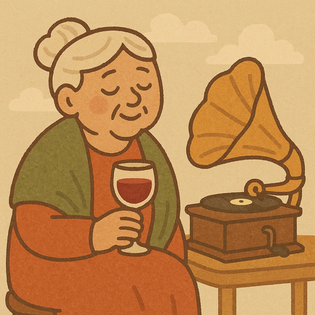 old lady with wineglass listening to gramophone emoji