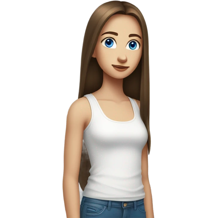 a teen girl with long, straight brown hair and blue eyes. Wearing a white tank top. emoji