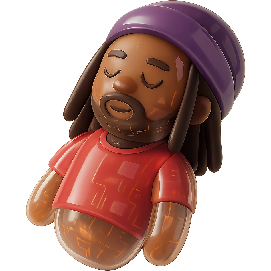 Brownskin man with long brown dreadlocks 
red t-shirt 
purple turban 
expression is sleeping emoji