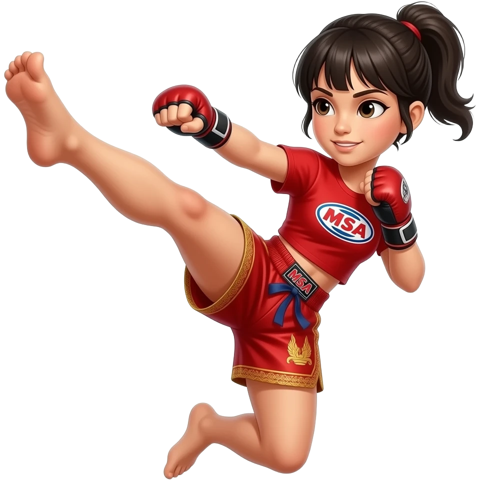 Muay Thai front girl kick teep red shorts and red t shirt with msa logo emoji