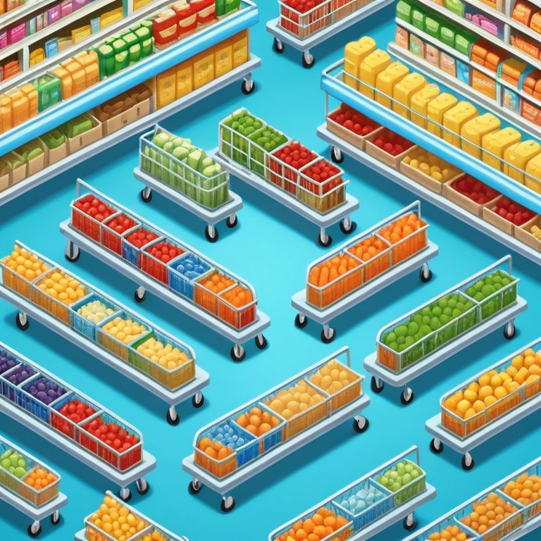 Isometric supermarket with food aisles and shopping carts emoji