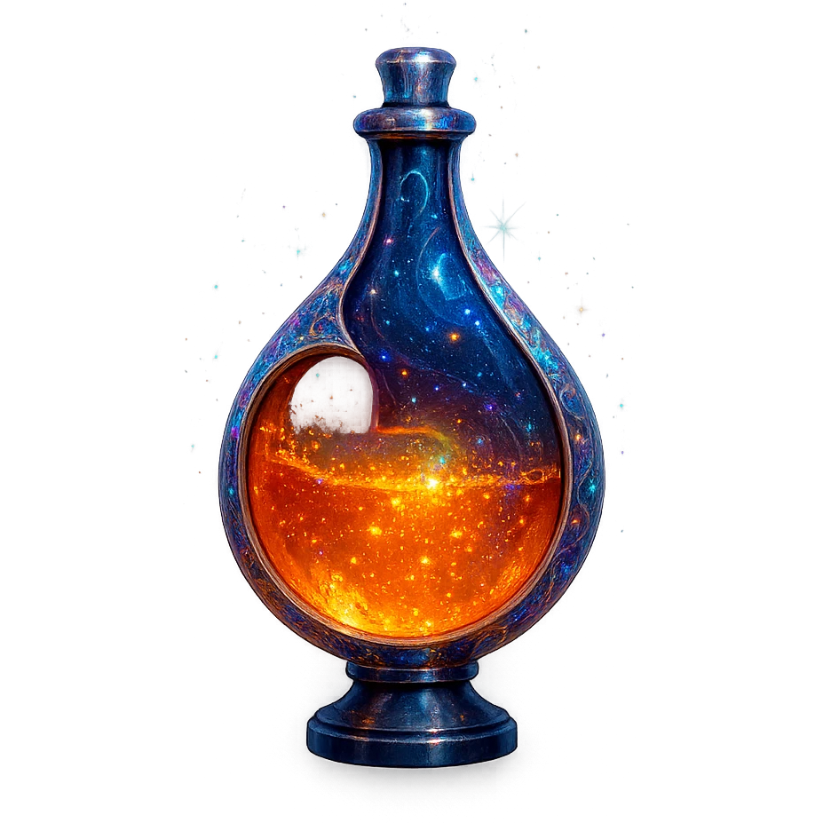 modernus prabangus eliksyro buteliukas, Patreon logotipo įkvėpta forma, oranžinė ir tamsiai mėlyna spalvos, holografiniai ir sidabriniai ornamentai, stiprūs magiški švytėjimai ir efektai, labai mažas kaklelis, skaidrus fonas, vientisas dugnas, be šešėlio, plūduriuoja ore, kolekcijos stilius emoji