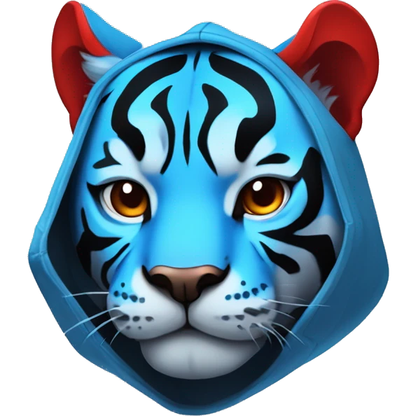 telegram sticker a A blue tiger with red stripes, red ears on the inside and black on the outside  wearing a hoodie emoji