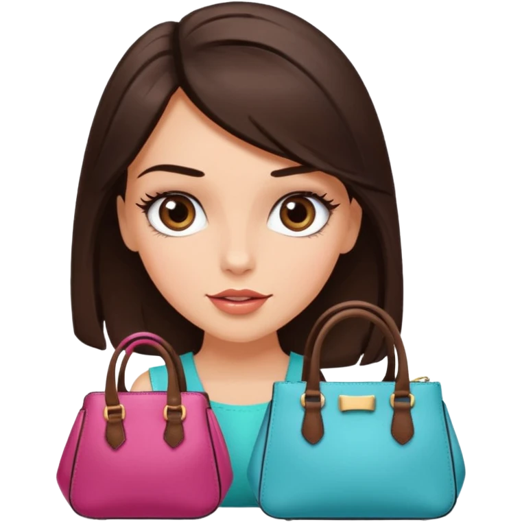 Glam brunette girl with eyelashes and fa looking left and right between two purses, playful puzzled expression — can’t decide between two options emoji