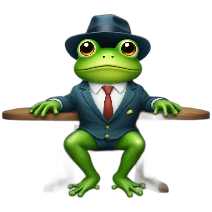 A frog wearing a suit looking straight sitting on a table and wearing a hat emoji