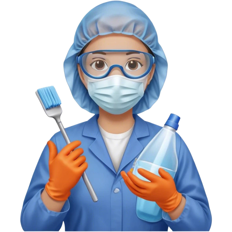 A meticulous cleanroom worker dressed in full protective gear, including a blue sterile suit, a face mask,  and orange gloves.  cleaning glasses with a wipe in one Hand emoji