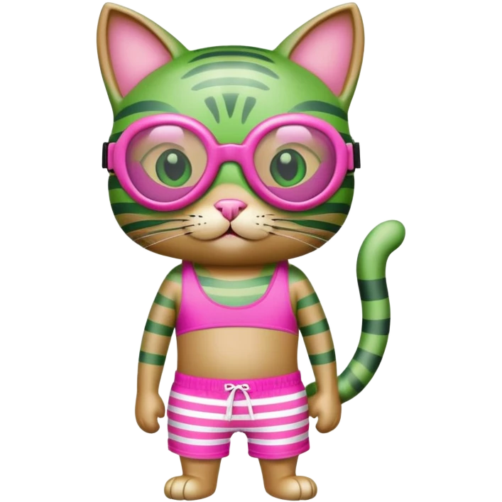 Green cat wearing pink scuba goggles and striped swim shorts emoji